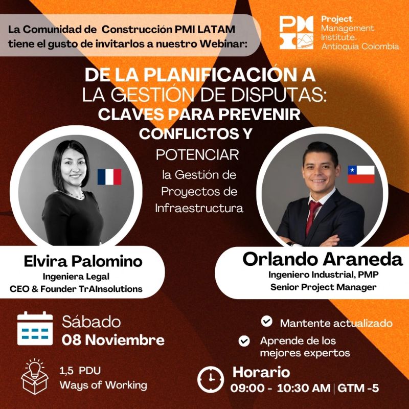 Afiche del webinar de PMI Antioquia «De la planificación a la gestión de disputas» con Elvira Palomino, CEO de TraINsolutions, y Orlando Araneda, PMP, el sábado 8 de noviembre