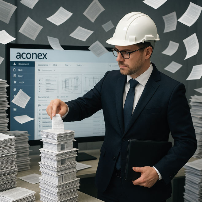 Professionnel en costume et casque de chantier empilant des documents papier devant un écran affichant la plateforme documentaire Aconex