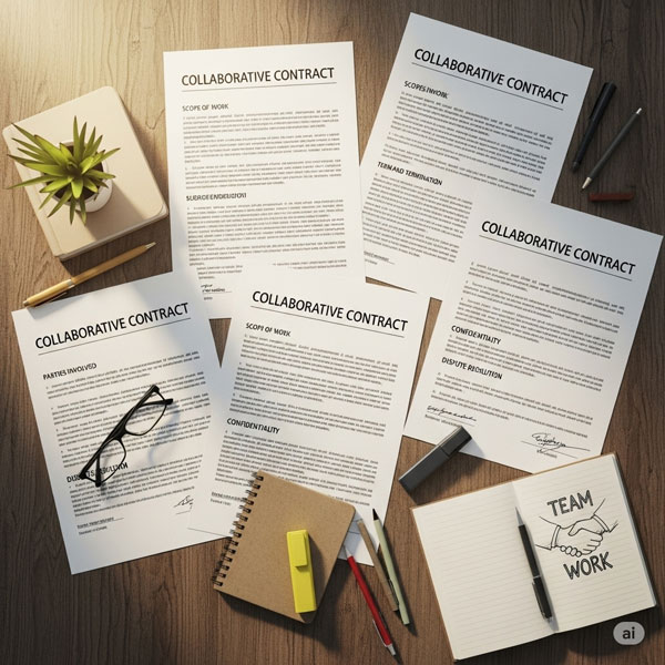 Plusieurs exemplaires de « Collaborative Contract » posés sur un bureau en bois, avec lunettes, stylos et un carnet où est dessinée une poignée de main « Team Work »