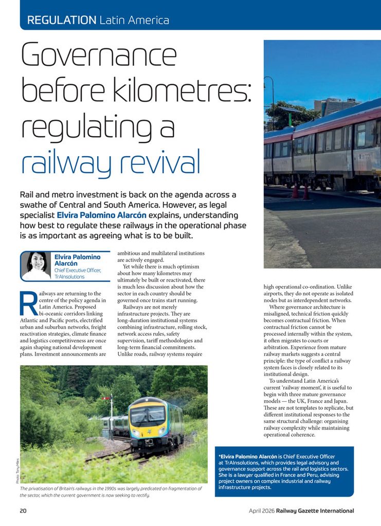Page 20 of Railway Gazette International, April 2026: article “Governance before kilometres: regulating a railway revival” by Elvira Palomino Alarcón