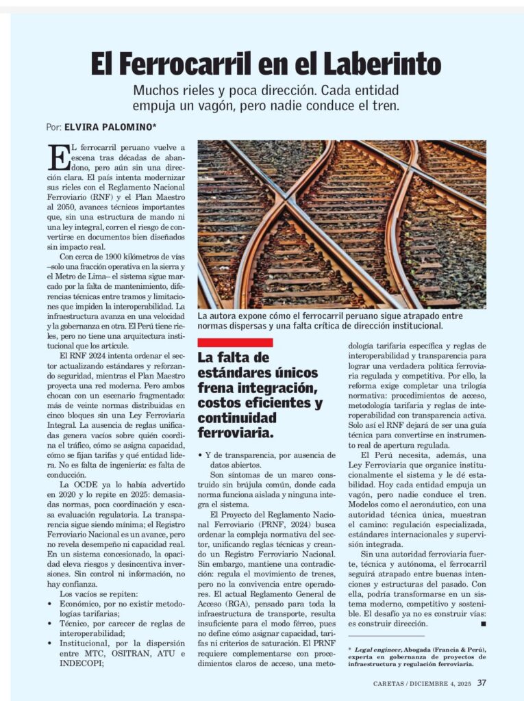 Page 37 of Caretas magazine, 4 December 2025: article “El Ferrocarril en el Laberinto” by Elvira Palomino, illustrated with crossing railway tracks